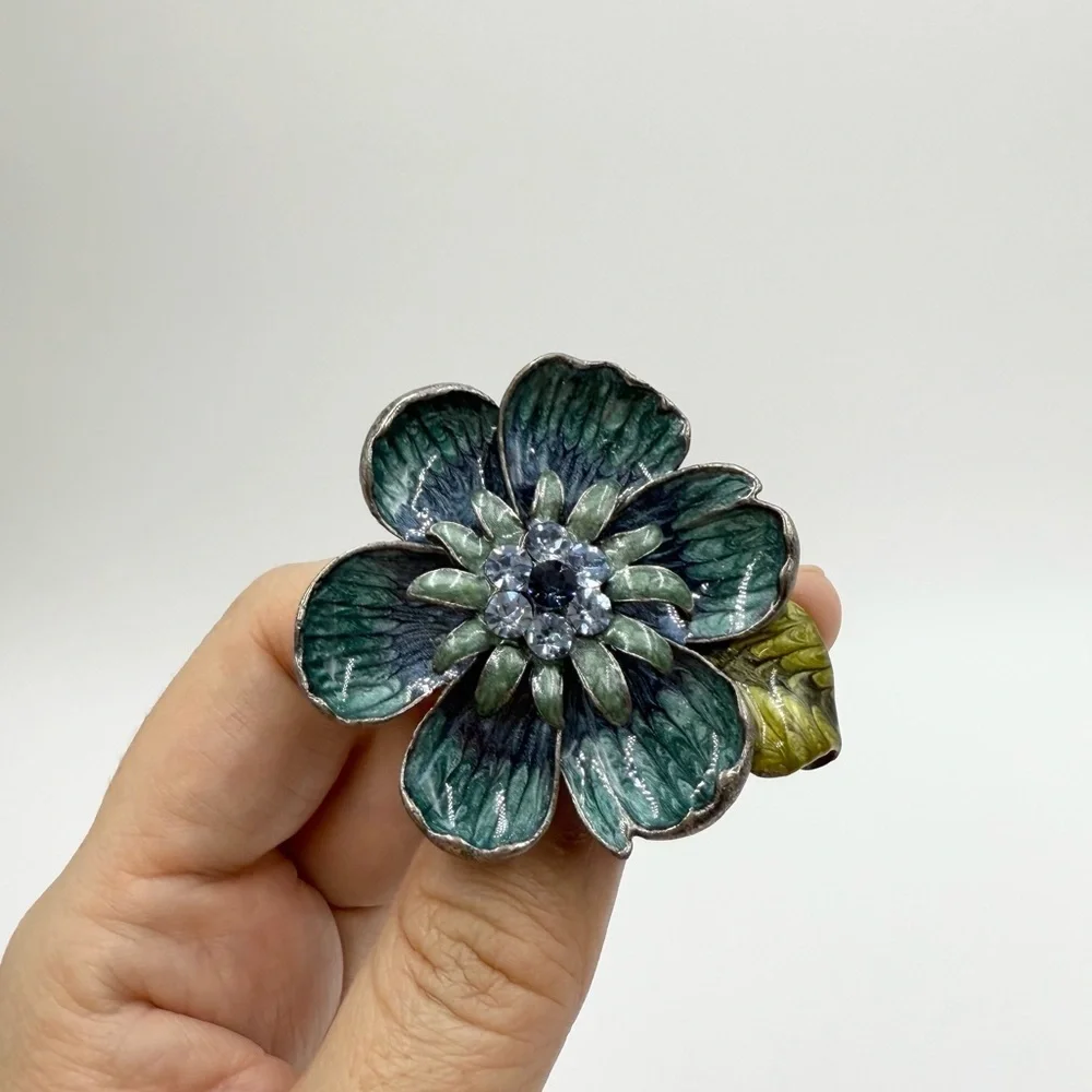 Vintage Teal Blue Enamel with Rhinestone Center Flower Brooch